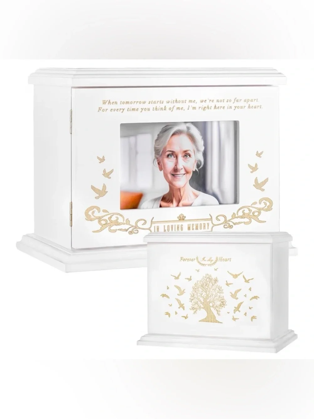 White Memorial Photo Urn Box with Gold Accents - In Loving Memory